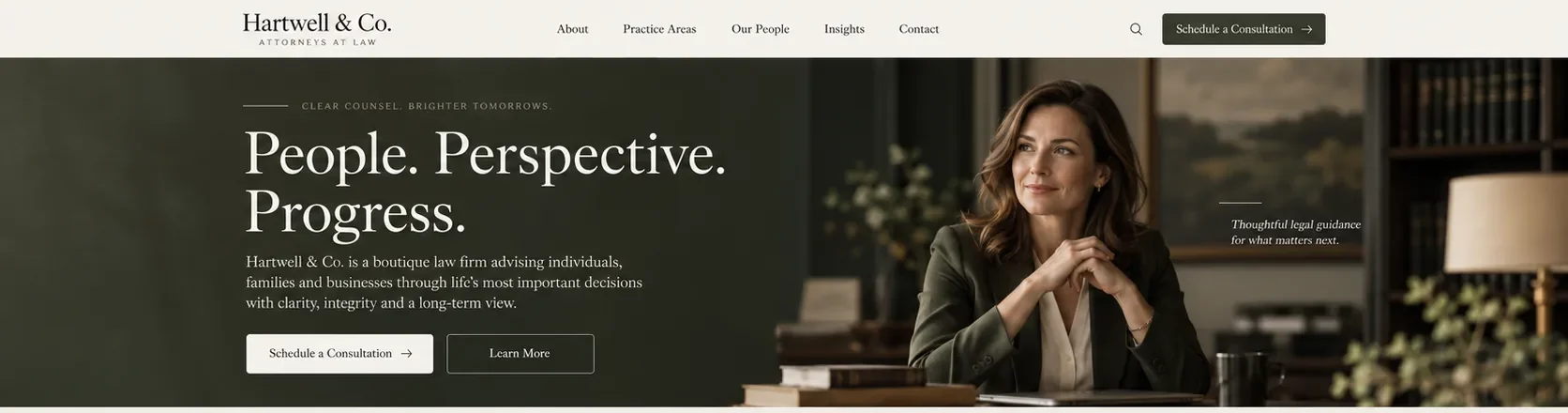 Hartwell and Co. boutique law firm website design featuring editorial typography and a professional portrait